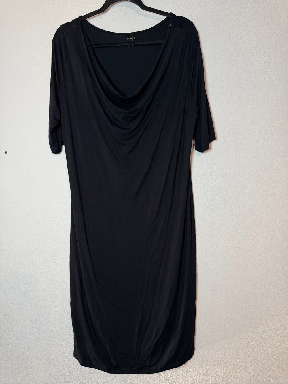 Peruvian Connection Draped Neckline Midi Dress Large Black Elevated Basic